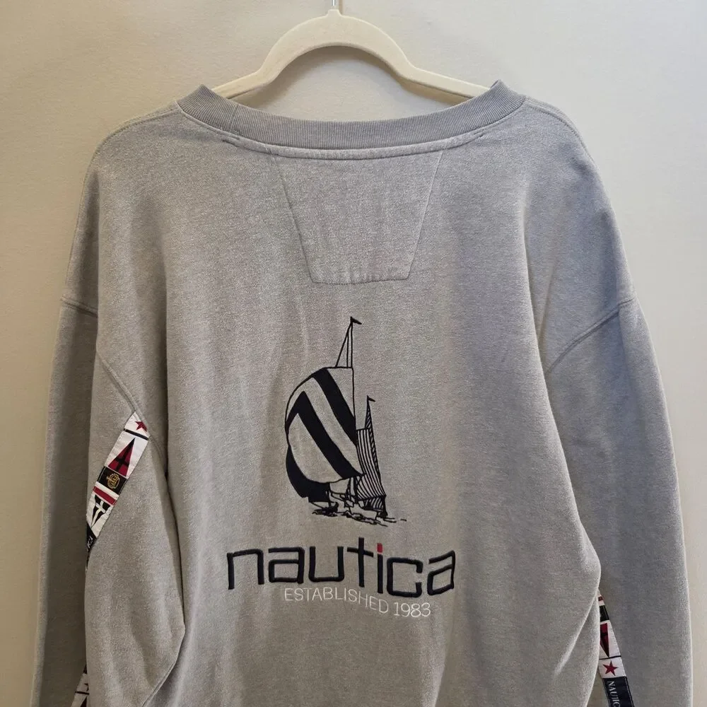 Nautica Mens Grey Sailing Flag Tape Crewneck Sweatshirt Sz XL Retro Preppy